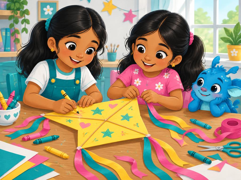 Anvi and Anya making a yellow kite