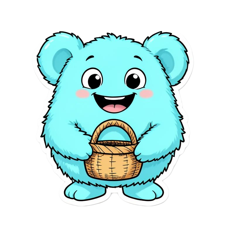 Fluffy blue island creature holding a basket to catch falling treats
