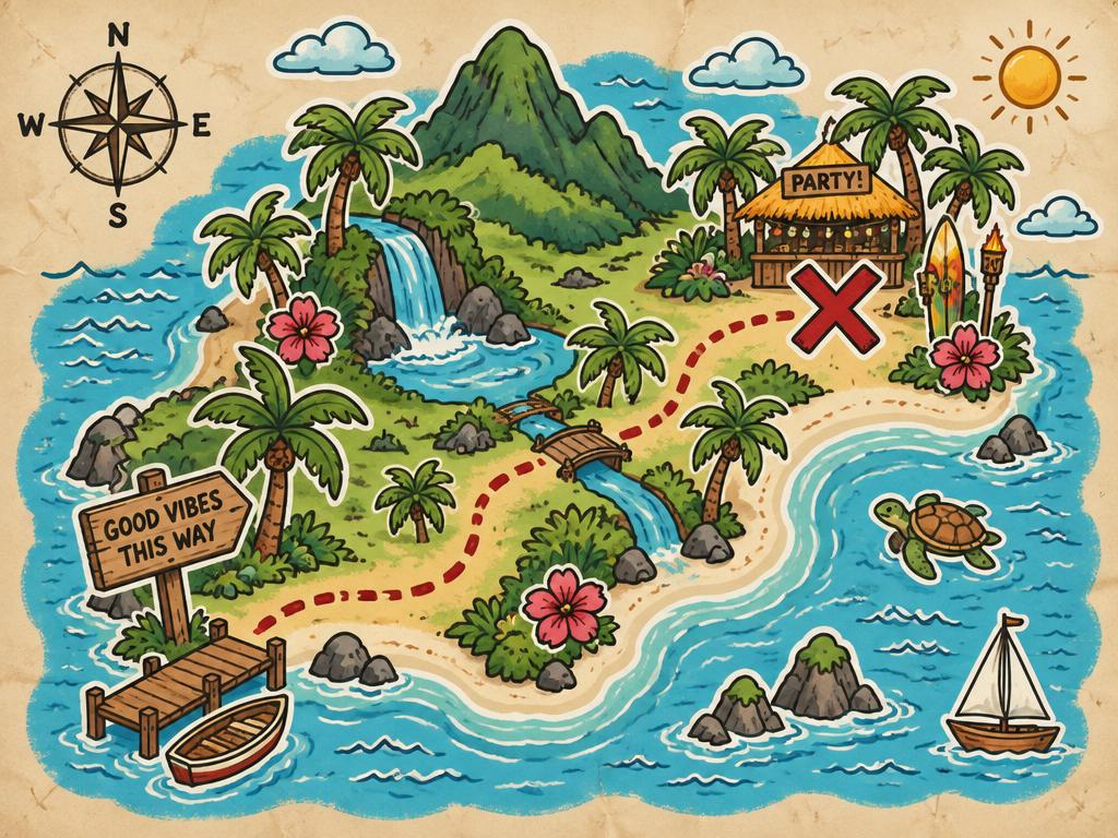 Hand-drawn tropical island map marking the party spot