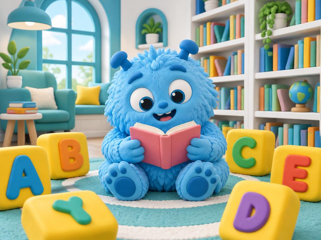 Blue learning companion reading a storybook
